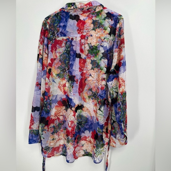 Catherine Malandrino Top Floral Collared Semi Sheer Shirt Sz XL Ruched Sides - Picture 4 of 4